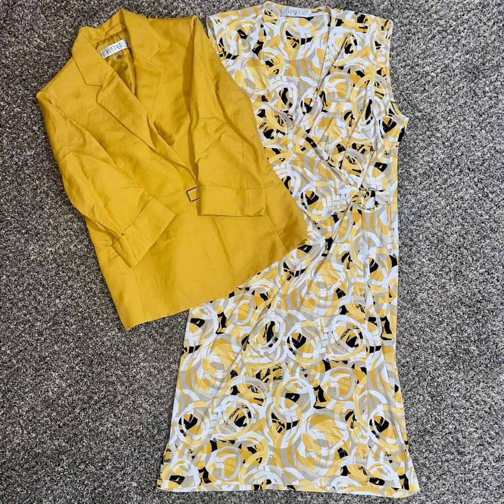 Kasper Yellow and Black Patterned Dress & Blazer Set